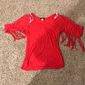 Red top with fringe sleeves